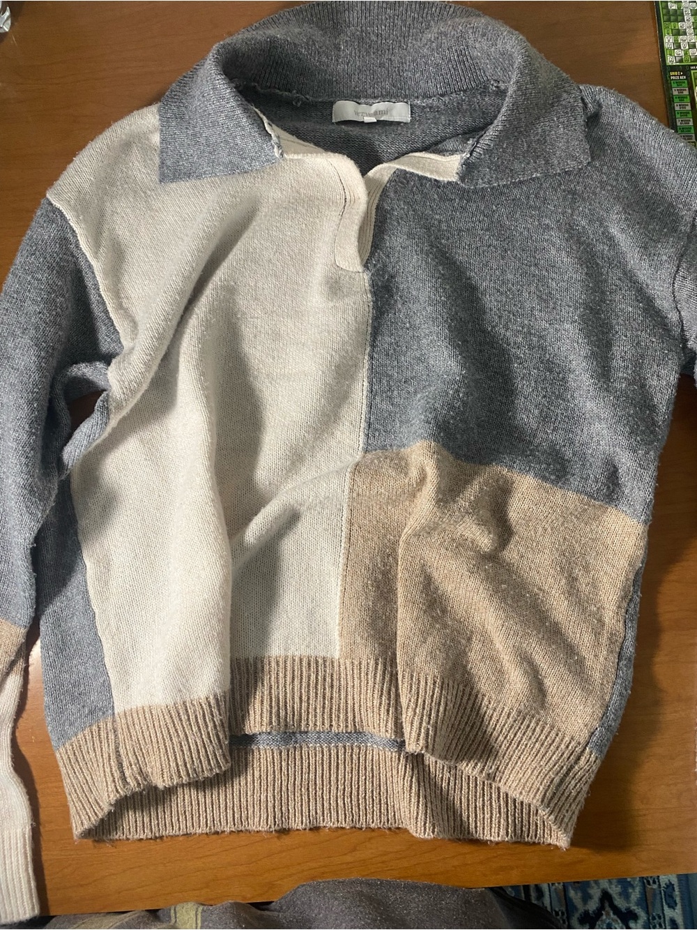 Verve Ami Men's Colorblock V-Neck Polo Sweater in Gray, Cream & Tan